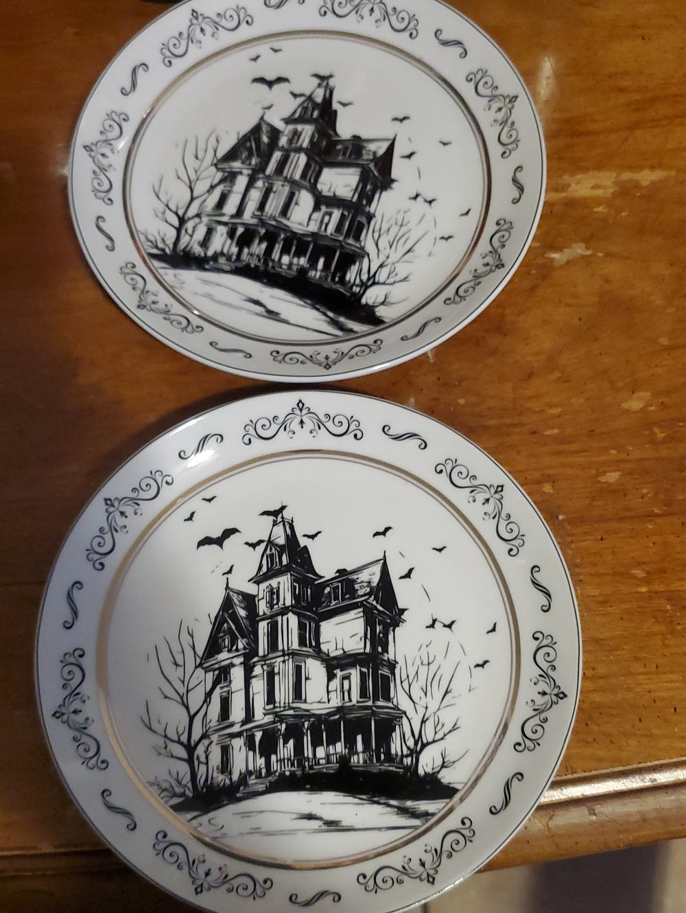 White and Black Haunted House Decorative  Plates Set of 2 Appitizer